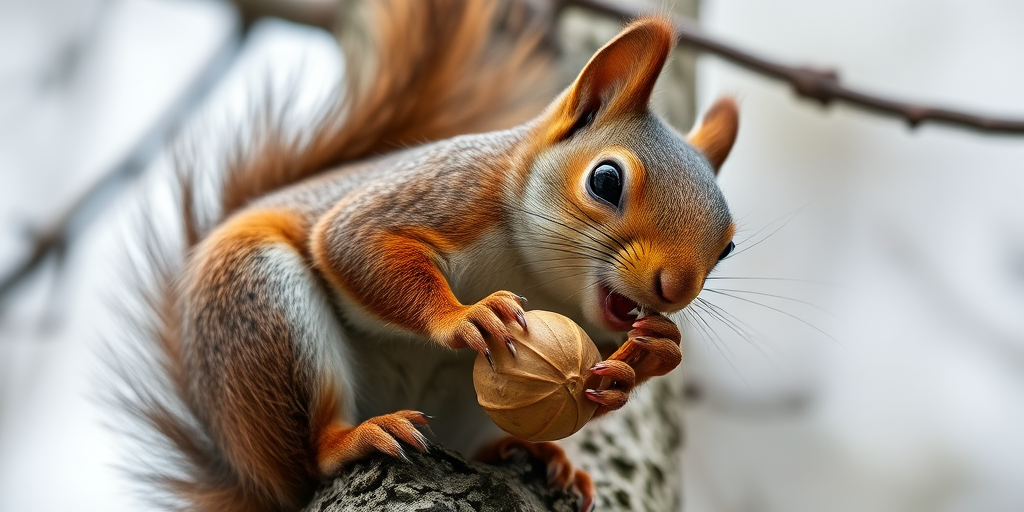 capture a close-up of a squirrel eating a nut on a tree branch during overcast weather with shallow depth of field, 50mm lens, f/4 aperture, ISO 400, 1/200 sec shutter speed, DSLR camera, natural lighting