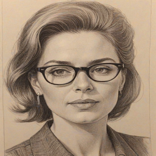 Resplendent Shoshannah Stern, pencil sketch, portrait of Splendid woman 1966s in glasses, hair style beatnik, outline, clear lines, fine lines, 8k