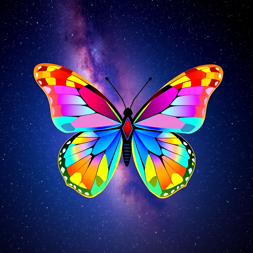 Create a vibrant, low-poly butterfly design with a colorful geometric pattern set against a starry night sky using a DSLR camera, f/2.8 aperture, ISO 100, 50mm lens, and wide-angle view for enhanced clarity and depth.