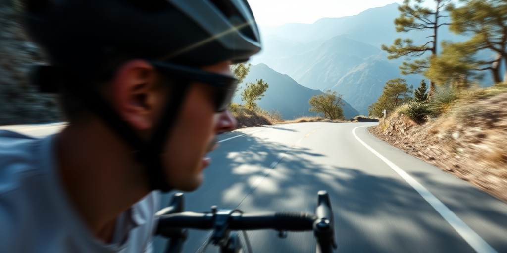 Blurry action shot of a cyclist racing down a winding mountain road, intense focus on their face, sunlight reflecting off their helmet, distant mountains stretching into the horizon, soft breeze rustling the trees as they speed by.