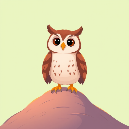 Create a vibrant illustration of a cartoon owl perched on a gentle slope with a pale green background, using a Canon EOS R5 camera, 50mm lens, aperture f/2.8, ISO 100, and a shallow depth of field for enhanced clarity and focus on the owl.