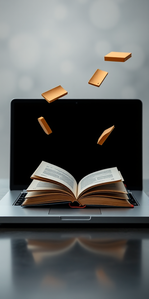 Create a high-resolution image of an open laptop displaying floating books, using a Canon EOS R5 camera with a 50mm f/1.8 lens, at ISO 100, aperture f/4, shutter speed 1/125 sec, with a soft focus background to enhance the laptop and books in sharp detail, straight-on view.