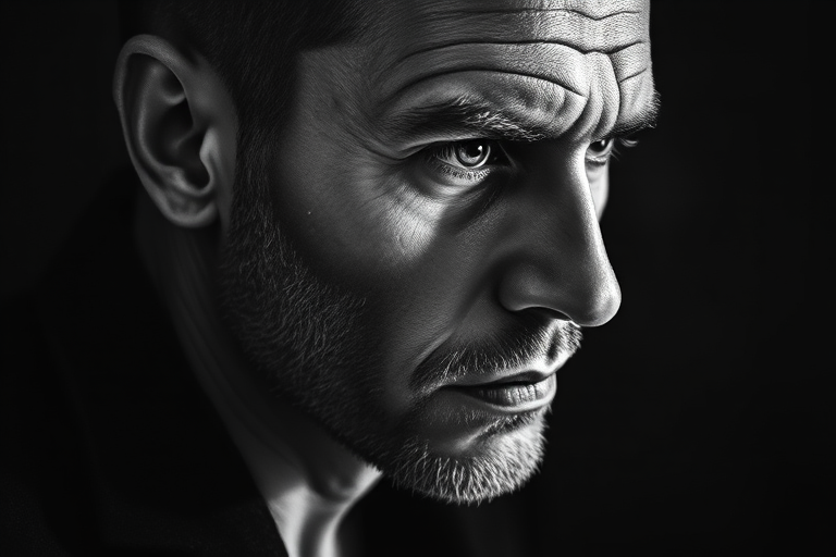 Realistic black and grey tattoo titled "Shadows and Light" showcasing exceptional shading and contrast to create a hyper-detailed portrait with dramatic lighting effects