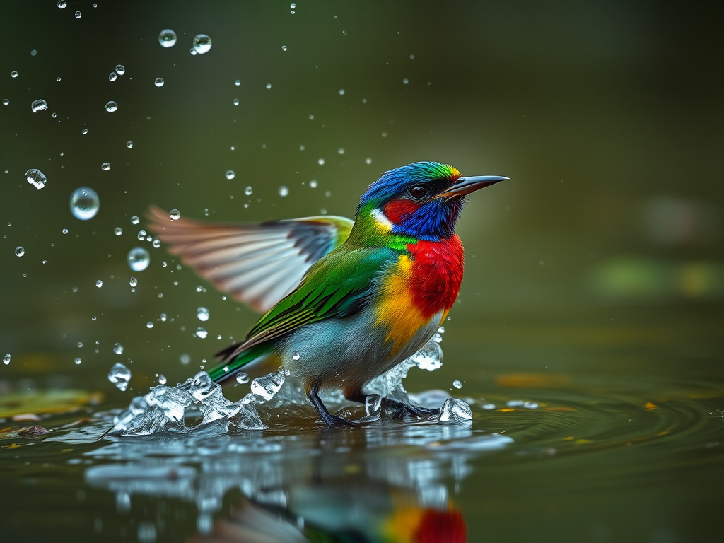 a vibrant bird splashing in water with droplets flying around, captured with a Canon EOS R5, 85mm lens, f/1.8 aperture, ISO 200, shutter speed 1/500s, soft bokeh background for enhanced depth, high dynamic range lighting to accentuate colors and details