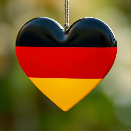 Create a high-resolution image of a heart-shaped symbol colored in black, red, and yellow to represent the German flag, using a Canon EOS R5 camera with a 50mm f/1.2 lens, aperture set to f/2.8, ISO 100, and a shallow depth of field to create a soft background blur.