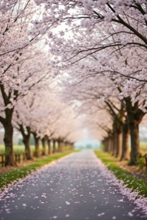 Soft-focus image of a quaint country road lined with blossoming cherry trees, soft pink petals falling gently to the ground, creating a magical pathway under a clear sky.