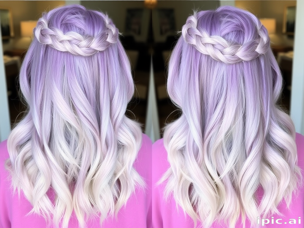 Pastel lavender ombré known as "Twilight Dream" gradually fading into silver tips, styled in loose beachy waves with a crown braid for whimsical charm
