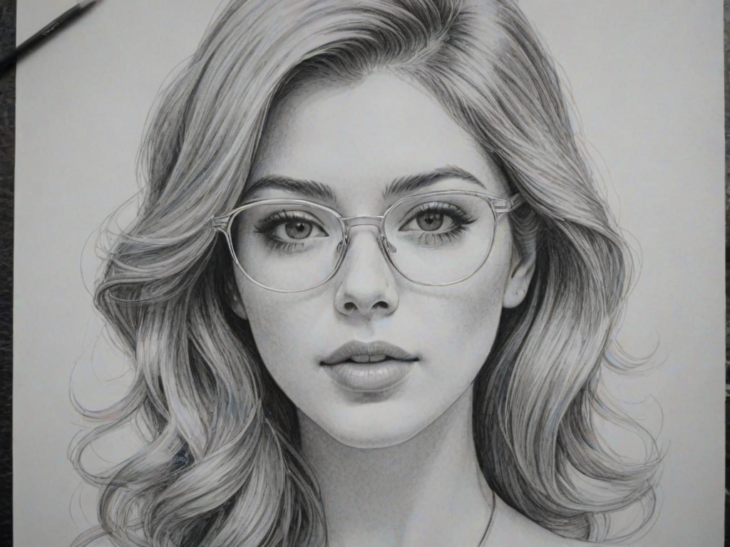 Dazzling Elena Satine, pencil sketch, portrait of Enchanting woman 1968s in glasses, hair style beatnik, outline, clear lines, fine lines, 8k