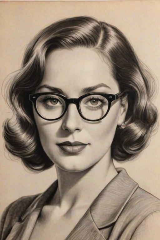 Gorgeous Loni Love, pencil sketch, portrait of Exquisite woman 1934s in glasses, hair style beatnik, outline, clear lines, fine lines, 8k