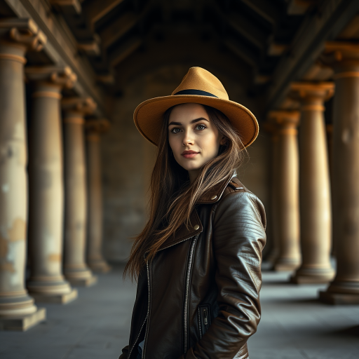 portrait of a young woman in a leather jacket and hat standing in an ancient temple, dramatic lighting, shallow depth of field, 85mm lens, f/1.8, ISO 200, natural light, DSLR camera inside a historical site