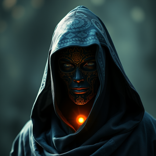 Create a mystical portrait of a hooded figure with intricate patterns and a glowing aura, shot with a 50mm lens at f/1.8, ISO 100, in soft natural light, using a DSLR camera for enhanced detail and clarity.