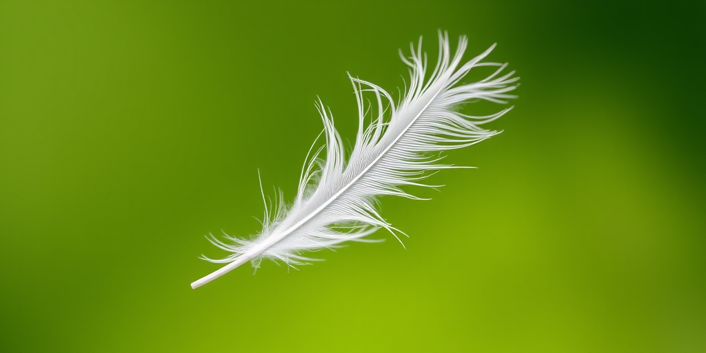 Generate a high-resolution close-up image of a delicate white feather gently swaying on a green background, using a DSLR camera with a 50mm lens, aperture set to f/2.8, ISO 100, and a shallow depth of field to enhance detail and softness.