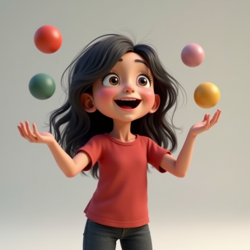 A 3D animated 6-year-old girl with long messy dark hair, joyfully She is juggling balls with her hand. , wearing a red t-shirt and black jeans, set against a gray background.