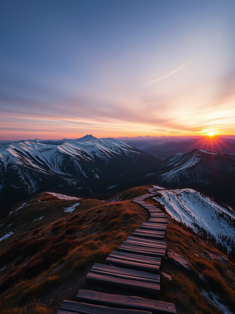 mountain landscape at sunset with snow-covered hills and a winding wooden path, shot with a Canon EOS R5, 24mm lens, aperture f/8, ISO 100, shutter speed 1/200 sec, taken from a high vantage point for a panoramic view