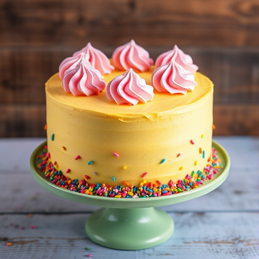 A colorful cake with a smooth yellow frosting decorated with pink whipped cream dollops on top and vibrant sprinkles all around the sides displayed on a light green cake stand with a rustic wooden background