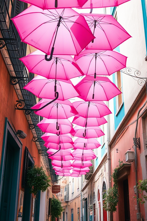 Regenerate a colorful street scene with pink umbrellas hanging above a picturesque narrow alley, captured with a DSLR camera at f/8 aperture, ISO 200, 50mm focal length, in soft natural light, showcasing rich texture and vibrant colors.