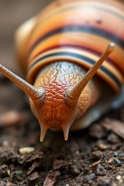 Capture a high-resolution image of a snail in macro view, using a DSLR camera with a 100mm macro lens, aperture set to f/2.8, ISO 200, shutter speed 1/200s, and natural lighting for enhanced detail and clarity.