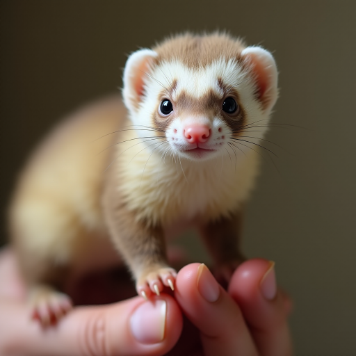 An extremely hyper-realistic ferret, its whole body fits perfectly in someone's finger. A ferret has rare colors and is extremely adorable. The ferret is extremely fluffy, making it eye-catching when enlarged. And standing on 2 legs