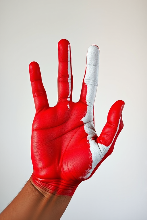 Generate an image of a human hand painted in red and white colors, held up against a plain background, shot with a Canon EOS 5D Mark IV, 50mm lens, f/4 aperture, ISO 100, in natural light for enhanced detail and color vibrancy.