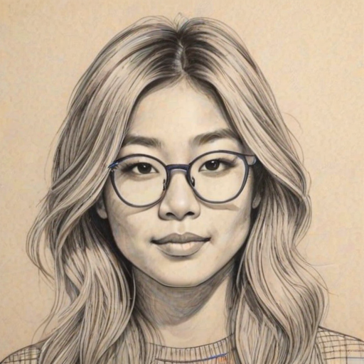 Fetching Chloe Kim, pencil sketch, portrait of Captivating woman 1970s in glasses, hair style beatnik, outline, clear lines, fine lines, 8k