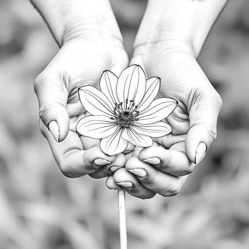 Generate a high-quality line art image of two hands gently holding a flower, using a DSLR camera, aperture f/2.8, focal length 50mm, ISO 100, with a soft-focus background and natural lighting for enhanced detail and contrast.