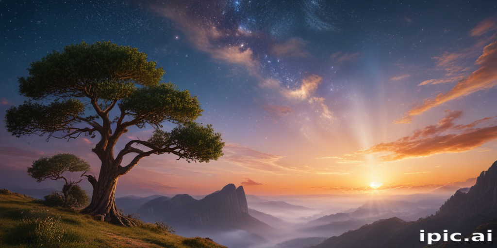 Majestic Sunset Over Serene Mountains with a Lone Tree Silhouette