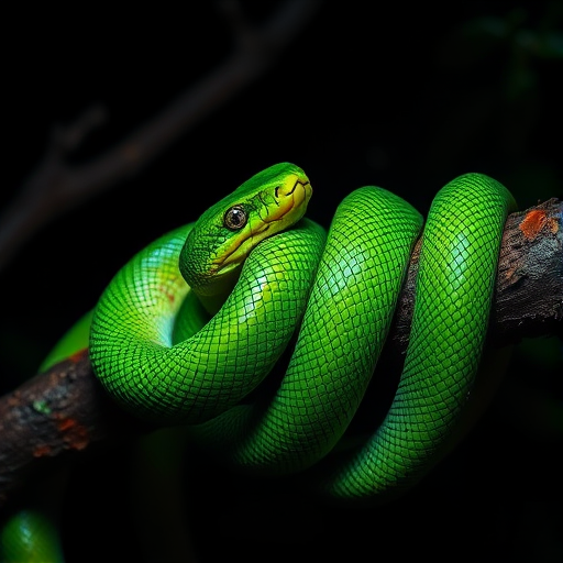 Create an image of a vibrant green snake coiled around a dark, textured branch in a dimly lit environment, focusing on the snake's intricate scales and the contrast between the green and the brown of the branch.