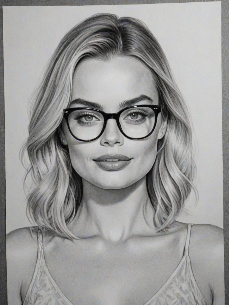 Beautiful Margot Robbie, pencil sketch, portrait of beautiful woman 60s in glasses, hair style beatnik, outline, clear lines, fine lines, 8k