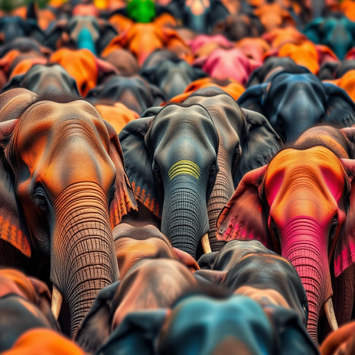 vibrant crowd of elephants in various colors with an emphasis on blues, oranges, and pinks, captured with a DSLR camera at f/2.8, ISO 100, 50mm lens, natural lighting from the side, colorful and detailed, shallow depth of field, focus on the elephants' faces.