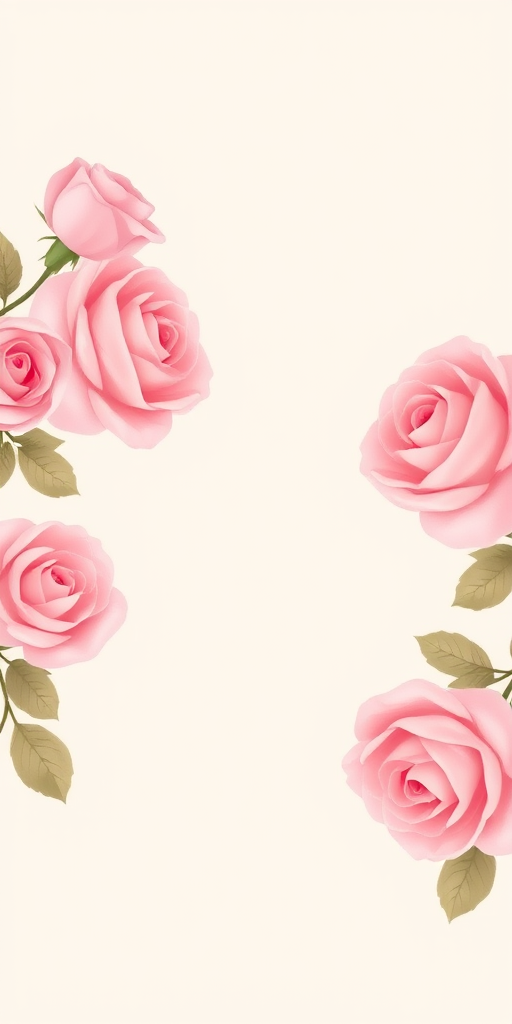 create an illustration of soft pink roses in the corners of a pale background, use a high-resolution digital art style, camera settings: f/2.8 aperture, 50mm lens, natural lighting, create a balanced composition with a clean, minimalist aesthetic