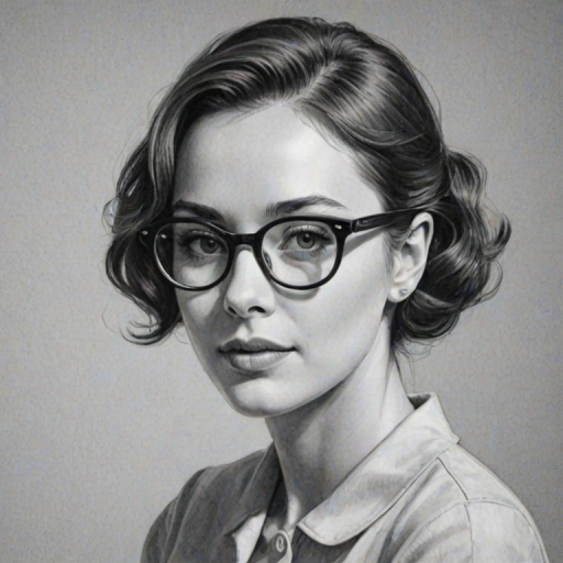 Elegant Elliot Page, pencil sketch, portrait of Graceful woman 1958s in glasses, hair style beatnik, outline, clear lines, fine lines, 8k