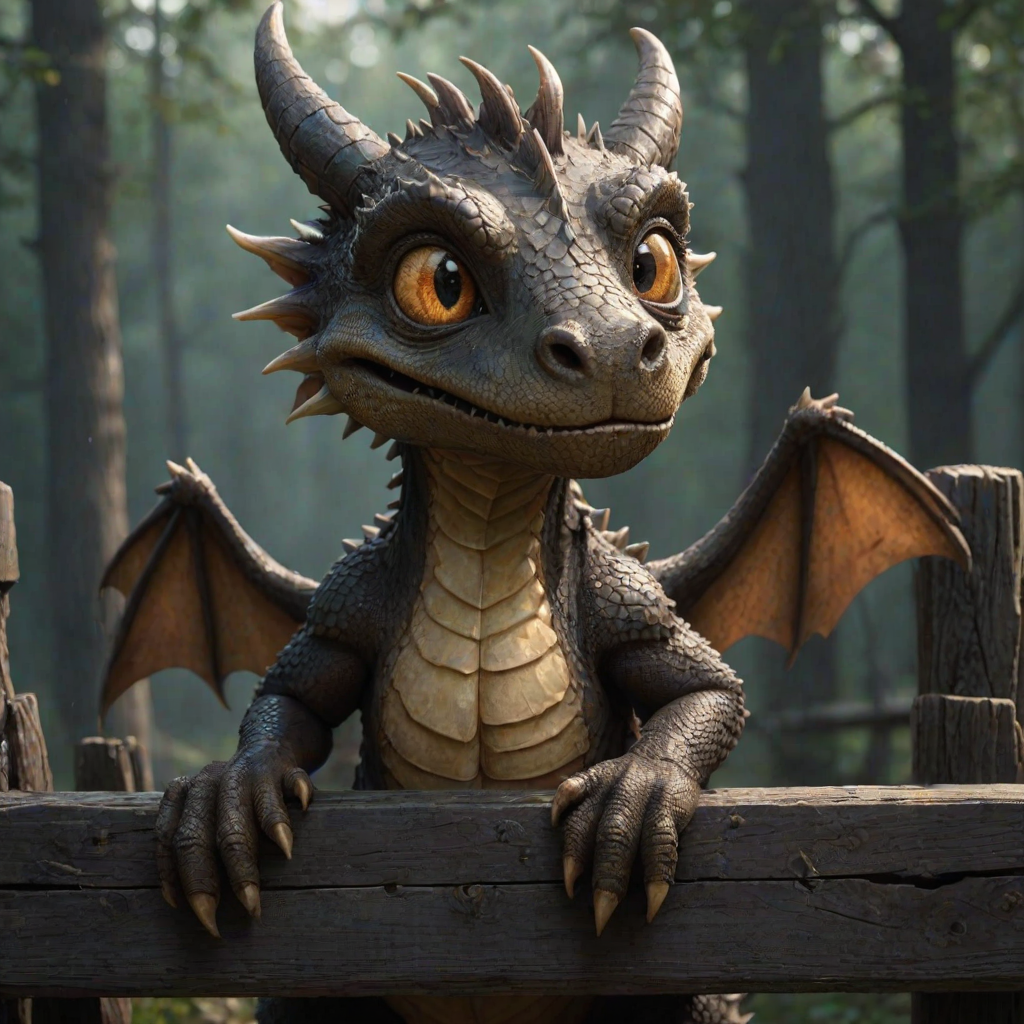 A small, scruffy cartoon-like dragon peers over a wooden fence with wide, expressive amber eyes, giving it an endearing look. The dark, muted background with streaks of faded color adds to the atmosphere of vulnerability and longing. The dragon's oversized eyes, full of emotion, draw the viewer in, evoking a sense of empathy and tenderness. Flecks of light and small bits of debris gently float through the scene, creating a soft, melancholic mood as the dragon waits patiently for comfort.