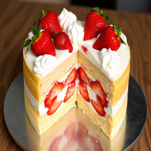 A delicious layered cake with a light yellow sponge base filled with whipped cream and fresh strawberries, topped with whole strawberries and decorative dollops of cream, served on a silver cake board, with a slice cut out to reveal the filling inside.