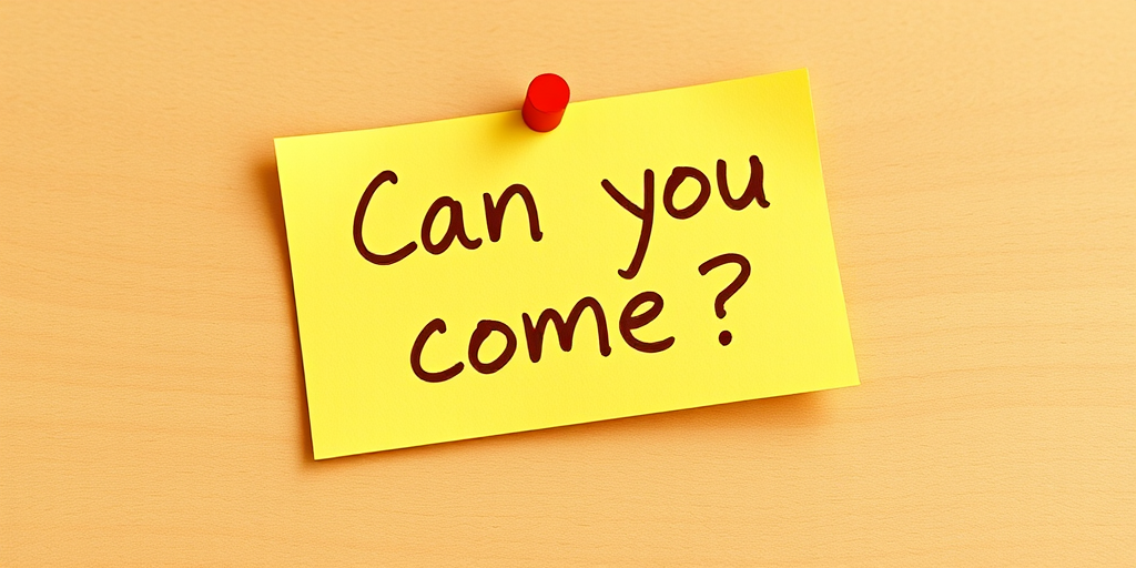 Yellow post-it note, hand written in brown pen text "Can you come??", 3d, hd, hyper realistic,