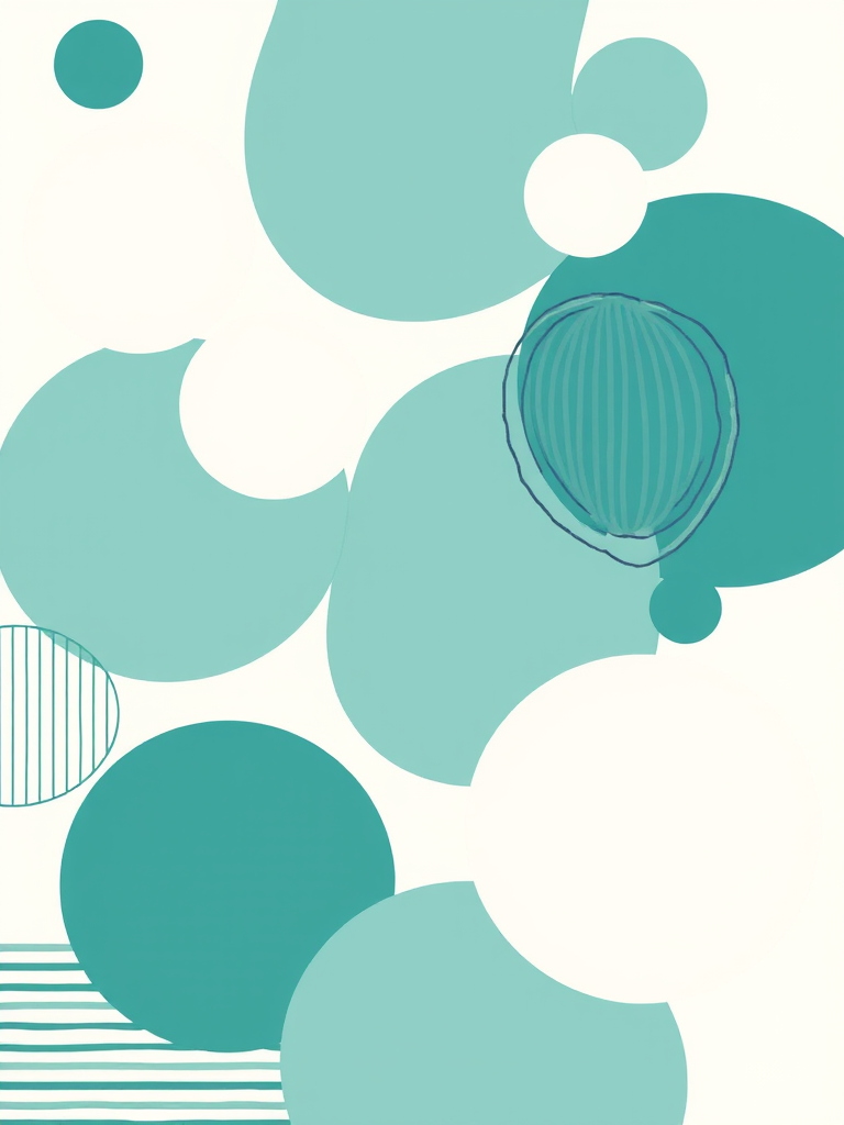 create a background design featuring various overlapping circles and geometric shapes in shades of teal and white, utilizing line art and striped patterns.