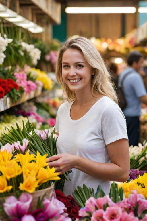 Soft-focus image of a woman shopping for fresh flowers at a local market, surrounded by vibrant colors and fragrant scents, her excitement softly captured in her smile.