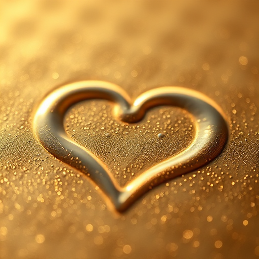 Close-up of a heart shape drawn in water on a textured golden surface, taken with a DSLR camera, 50mm lens, f/2.8 aperture, ISO 100, natural light at sunrise, shallow depth of field for enhanced bokeh effect.