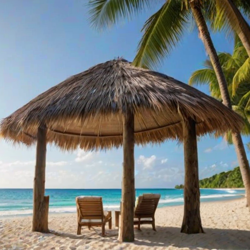 Create a picturesque tropical beach scene featuring a serene, white sandy shore. In the foreground, there's a rustic wooden canopy with white drapes gently flowing in the breeze. Underneath the canopy, a table is set with tropical decor, evoking a sense of relaxation and leisure. The beach extends into a calm, shallow water area with reflections of the sky and surroundings. Palm trees and lush greenery line the edge of the beach, providing a natural, tropical backdrop. The sky is clear with a few scattered clouds, and the overall atmosphere is tranquil and inviting, perfect for a peaceful retreat.