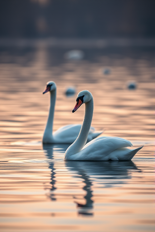 Create a serene image of two swans gracefully swimming together on a tranquil lake at dawn, capturing the soft reflections on the water's surface, using a Canon EOS 5D Mark IV, 50mm lens, f/2.8 aperture, ISO 100, 1/200s shutter speed, with a shallow depth of field and soft bokeh background for enhanced clarity and detail.