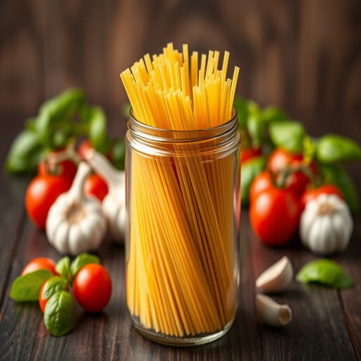 Capture a high-resolution image of a jar filled with uncooked spaghetti placed on a dark wooden table, with cherry tomatoes, garlic cloves, and fresh basil leaves in the background, using a DSLR camera with a 50mm lens, aperture f/2.8, ISO 100, and a shallow depth of field for enhanced focus on the spaghetti.