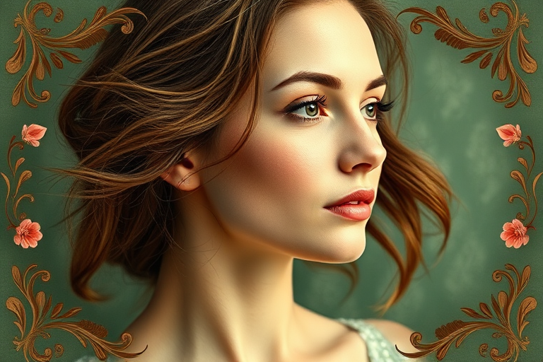 Generate a vintage-style portrait of a woman with soft features and flowing hair, set against a textured green background embellished with ornate floral borders; camera settings: aperture f/2.8, ISO 100, shutter speed 1/60s; camera view: close-up profile; camera style: soft focus; camera type: DSLR.