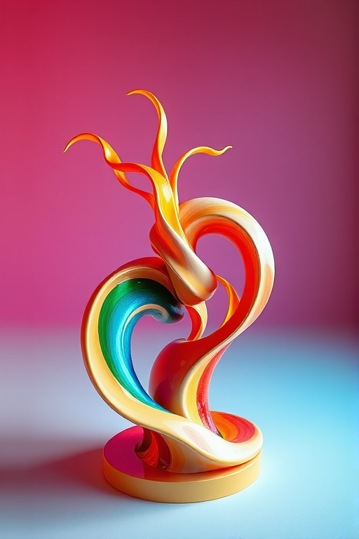 Create a hyper-detailed, vibrant 3D abstract sculpture with swirling shapes and bold colors, using a Canon EOS R5, 35mm lens, f/2.8 aperture, 1/200 sec shutter speed, vibrant colors, soft studio lighting, and a low angle perspective, set against a minimalist background with contrasting colors.