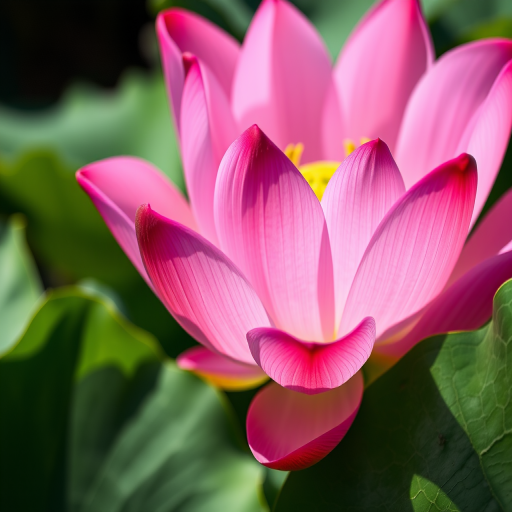 Capture a close-up of a pink lotus flower in full bloom, surrounded by lush green leaves, natural soft sunlight, aperture f/2.8, ISO 100, shutter speed 1/250s, portrait orientation, DSLR camera with macro lens.