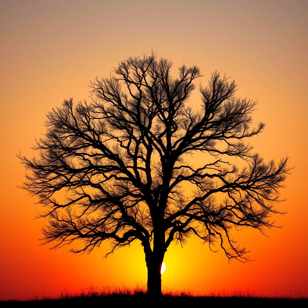 Generate a high-resolution vector image of a minimalistic tree silhouette against a vibrant sunset background, using a Canon EOS R5 with a 50mm f/1.2 lens, ISO 100, aperture f/2.8, shutter speed 1/250s for sharp details and rich colors, capturing a wide-angle view for expansive scenery.