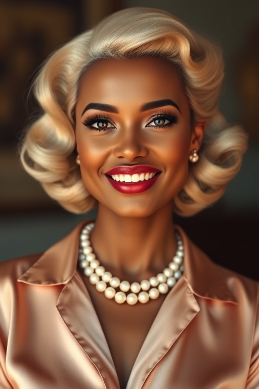 A beautiful Xhosa woman reminiscent of 1950s Hollywood glamour, with perfectly styled blonde hair and a seductive smile, dressed in a satin blouse and adorned with pearls, soft and warm tones, photorealistic, 8K