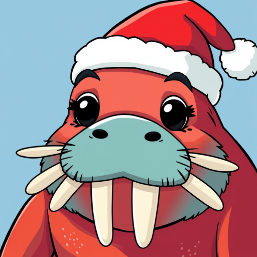 Create a vibrant and cheerful illustration of a cartoon walrus wearing a Santa hat, featuring bright colors and bold outlines, with a focus on the eyes and tusks, shot with a Canon EOS R5 at ISO 100, f/2.8, 1/200s, in a close-up perspective for high detail and clarity.