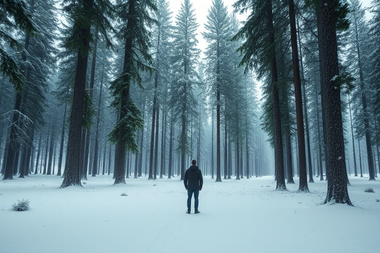 A serene landscape of a person standing in a snowy forest filled with tall, stylized green trees, soft lighting, 50mm lens, f/2.8 aperture, ISO 100, shallow depth of field, captured with a DSLR camera from a slightly elevated angle for a more immersive view.