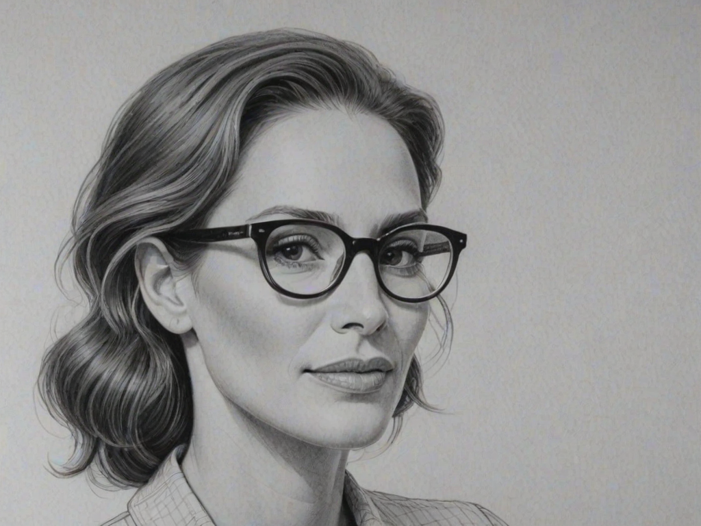 Wonderful Julia Roberts, pencil sketch, portrait of Comely woman 1945s in glasses, hair style beatnik, outline, clear lines, fine lines, 8k