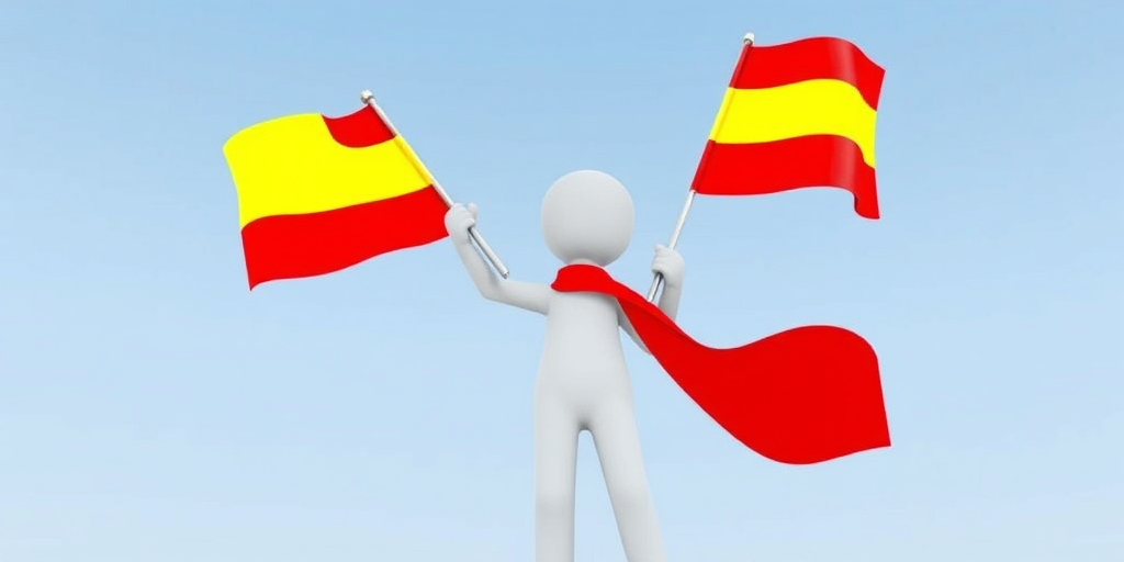 Create a high-resolution vector image of a stylized figure signaling with two brightly colored flags (red and yellow) using a DSLR camera with a focal length of 50mm, aperture set to f/2.8, ISO 100, shot from a slightly low angle to enhance depth, using a portrait orientation for a dynamic composition.