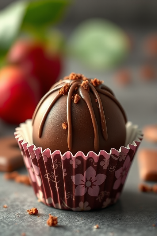 Create a high-resolution illustration of a chocolate truffle in a decorative paper cup, using a Canon EOS 5D Mark IV camera with a 50mm f/1.8 lens, at f/2.8 aperture, ISO 100, and natural soft lighting to enhance details and colors.